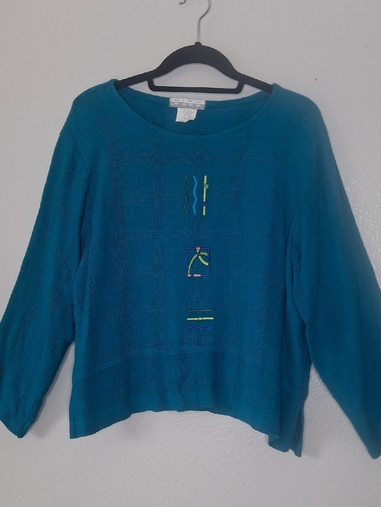 nino wong california Tops - Vintage Nino Wong California Blouse Turquoise Blue Embroidered Detailed Size S